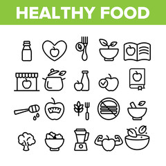 Healthy Food Nutrition Collection Icons Set Vector Thin Line. Honey, Broccoli And Apple Ingredients Health Breakfast Food Concept Linear Pictograms. Monochrome Contour Illustrations