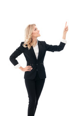 Happy smiling businesswoman, showing something, some product or blank copyspace area for advertise...