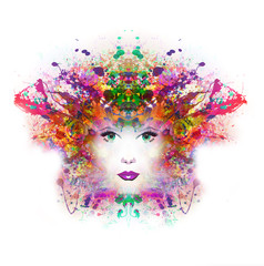 colorful paint splashes digital illustration with female face