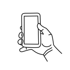 Hand holding smartphone. Hand drawn sketch isolated on a white.Vector illustration.