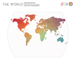 Polygonal world map. John Muir's Times projection of the world. Spectral colored polygons. Contemporary vector illustration.