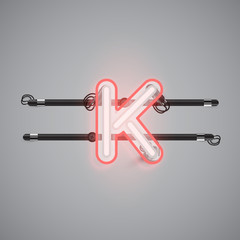 Realistic glowing double neon charcter from a fontset, vector illustration