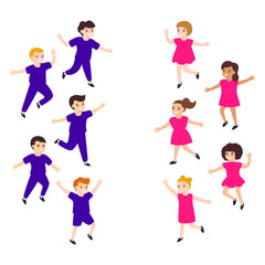 Fototapeta premium Separate groups happy children girls and boys. Two same-sex teams, competition, contest, comparison. Cute diverse kids. Vector illustration