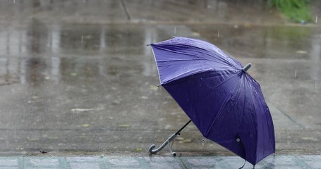 Purple umbrella on the floor with heavy rain,rain drops falling on umbrella,  storm, wind, natural disaster,