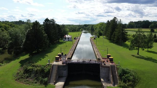 Aerial Lock 29 Erie Canal Palmyra New York. Pioneer engineering wonder. 363 miles long man made waterway built in 1817. Transport of cargo from eastern ports and cities.