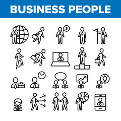 Business People Leader Collection Icons Set Vector Thin Line. Running Man Silhouette And Business Trip, Discussion And Conference Concept Linear Pictograms. Monochrome Contour Illustrations