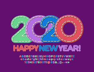 Vector denim greeting card Happy New Year 2020. Children colorful Font. Jeans Alphabet set