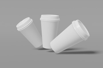 Three paper cup mockup with a lid flies on a grey background. 3D rendering