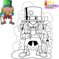 cartoon fairy tale leprechaun, coloring book, funny illustration