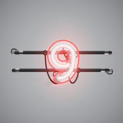 Realistic glowing double neon charcter on and off from a fontset, vector illustration