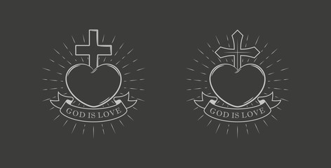Black and white illustration of a cross heart with rays and a banner with text. Vector illustration on a religious Christian theme