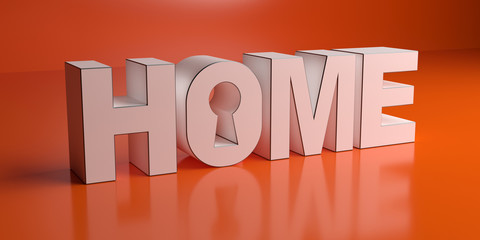 HOME text white letters and key hole against orange color background. 3d illustration