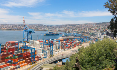 The busy cargo seaport in South America in Valparaiso, Chile. It is the most important seaport in...
