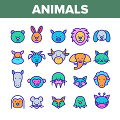 Animals Collection Wild And Farm Icons Set Vector Thin Line. Bear And Rabbit, Pig And Cow, Elephant And Lion, Monkey And Horse Animals Concept Linear Pictograms. Color Contour Illustrations
