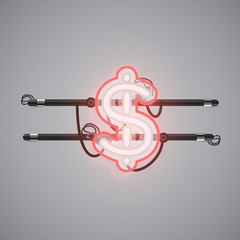 Realistic glowing double neon charcter on and off from a fontset, vector illustration