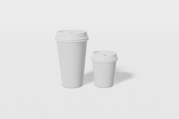 Two mockup paper cups of different sizes with a lid on a white background. 3D rendering