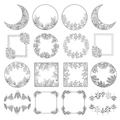 Hand Drawn Collection of Floral Frames. Moon Shape, Square and Round Frames with Herbs and Flowers for logos, scrapbooking, web banners, wedding invitation cards etc. 
