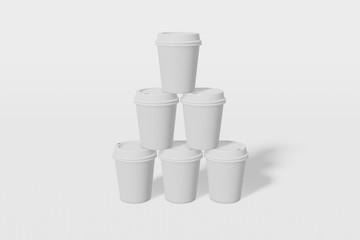 Set of six paper cup mockup with a lid stand in the shape of a pyramid on a white background. 3D rendering