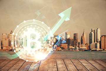 Double exposure of crypto currency theme hologram drawing and city veiw background. Concept of...