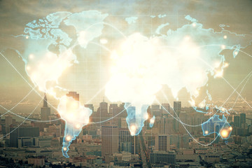 Fototapeta na wymiar Double exposure of business theme hologram drawing and city veiw background. Concept of success.
