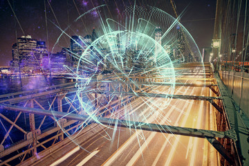 Double exposure of business theme hologram drawing and city veiw background. Concept of success.