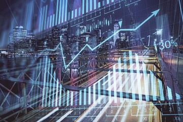 Forex chart on cityscape with tall buildings background multi exposure. Financial research concept.