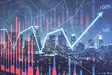 Forex chart on cityscape with tall buildings background multi exposure. Financial research concept.