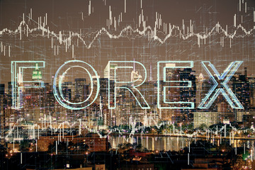 Double exposure of forex chart drawings over cityscape background. Concept of success.