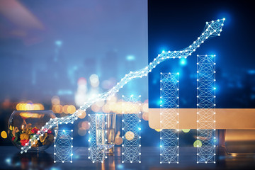 Double exposure of chart and financial info and work space with computer background. Concept of international online trading.