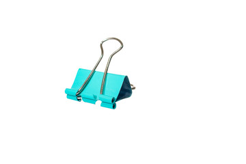 Light blue binder paper clip isolated on white background with clipping path