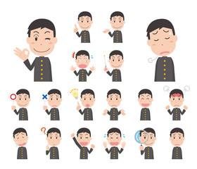 男子学生　学生　学ラン　学生服　制服　生徒　ポーズ　表情　セット