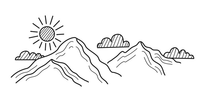 Hand drawn Mountains and Clouds isolated on a white. Vector illustration.