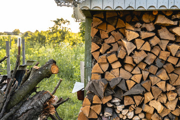 Countryside. Stacked firewood outdoor, green nature, summer in the village
