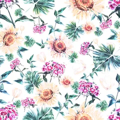 Fototapeten Tropische Blätter Watercolor hand drawn rustic pattern with flowers in vintage style  © Юлия Гришина