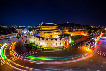 night view of hwaseong fortress at suwon south korea