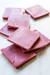 Ruby Chocolate Pieces. New Type of Processing Cocoa Beans.