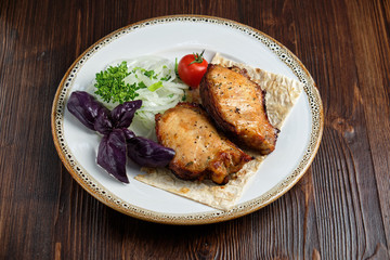 Skewers of chicken with thin pita bread . catering menu