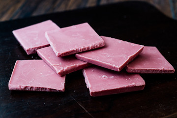 Ruby Chocolate Pieces. New Type of Processing Cocoa Beans.