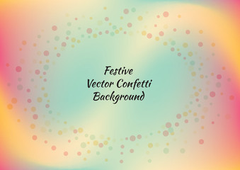 Festive gradient round confetti background. Holographic frame confetti texture for holiday, postcard, poster, carnivals, birthday and children's parties. Cover confetti mock-up. Wedding card layout