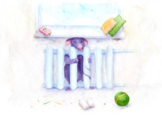 watercolor drawing - adventures of a mouse cold weather, warm battery
