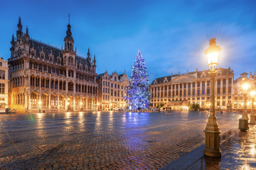 Grote Markt, Grand-Place square with christmas tree at Brussel, Belgium during twilight