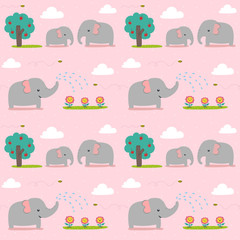 Seamless pattern cute elephan watering a flower.