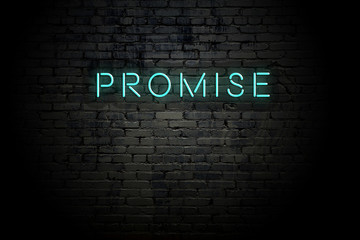 Highlighted brick wall with neon inscription promise