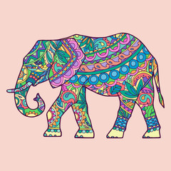 Vector silhouette of adult elephant, side view. Big elephant in motion. Colorful elephant in ethno style. A festive elephant on a pink background. The silhouette is drawn manually.