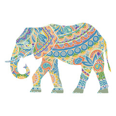 Vector silhouette of adult elephant, side view. Big elephant in motion. Colorful elephant in ethno style. A festive elephant on a white background. The silhouette is drawn manually.
