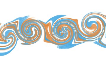 abstract fluid graphic with orange and blue circles and waves on a white background