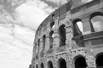 Colosseum in Rome roman amphitheater closeup in black and white color, Italy. Main italian landmark