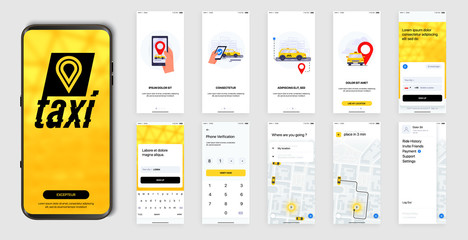 Design of the Mobile Application, UI, UX. Set of GUI Screens with Login and Password input, and screens with Taxi Orders and Car Navigation in the City