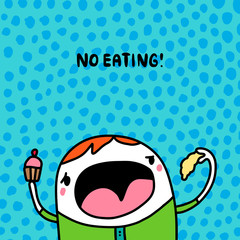No eating warning sign for comic cartoon man hand drawn vector illustration