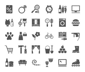 Shops, monochrome flat icons, vector.  Different categories of stores. Gray icons on a white field.  
